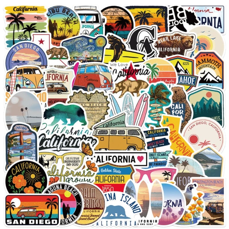 Autocollants Valise Voyage Californie (Pack de 50)