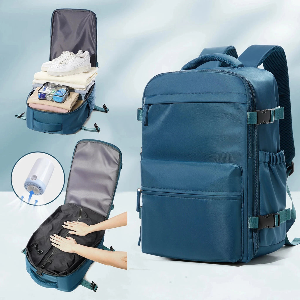 Sac a Dos sous Vide de Voyage Cabine Avion avec Pompe – Sac de Compression avec Airbag, Port USB, Bagage à Main Imperméable,Bleu Paon avec tissu effet lin Sac a Dos sous Vide de Voyage Cabine Avion avec Pompe – Sac de Compression avec Airbag, Port USB, Bagage à Main Imperméable,Bleu Paon avec tissu effet lin
