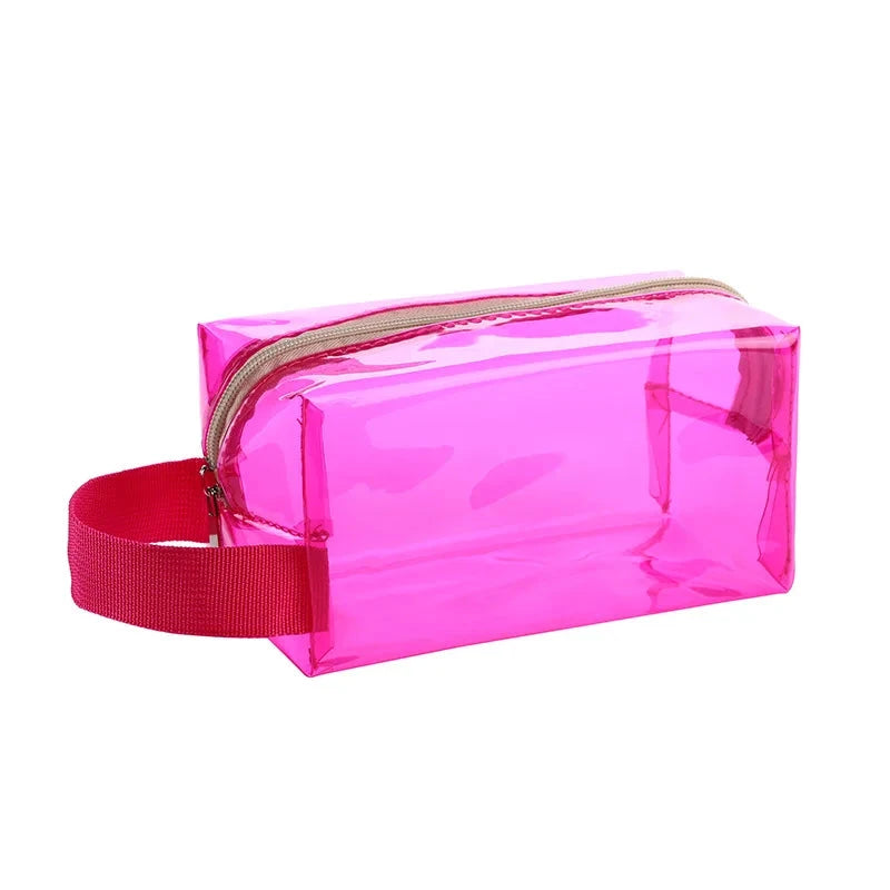 trousse de toilette en plastique transparent rose