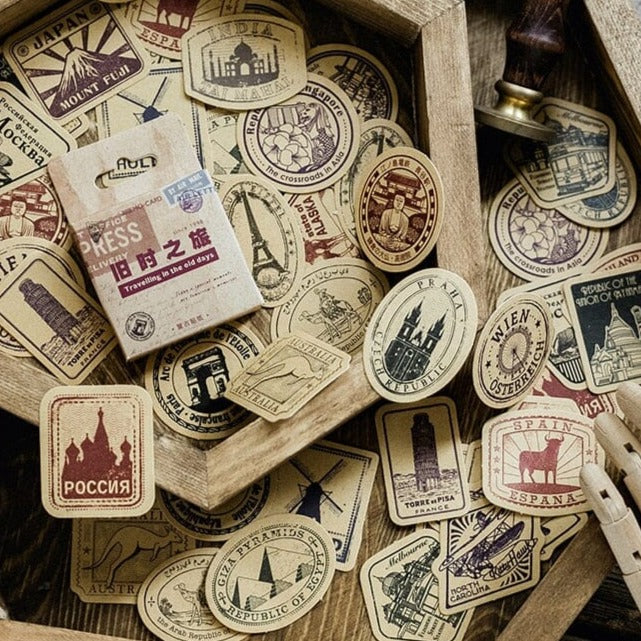 autocollants valise vintage voyageur pack de 46