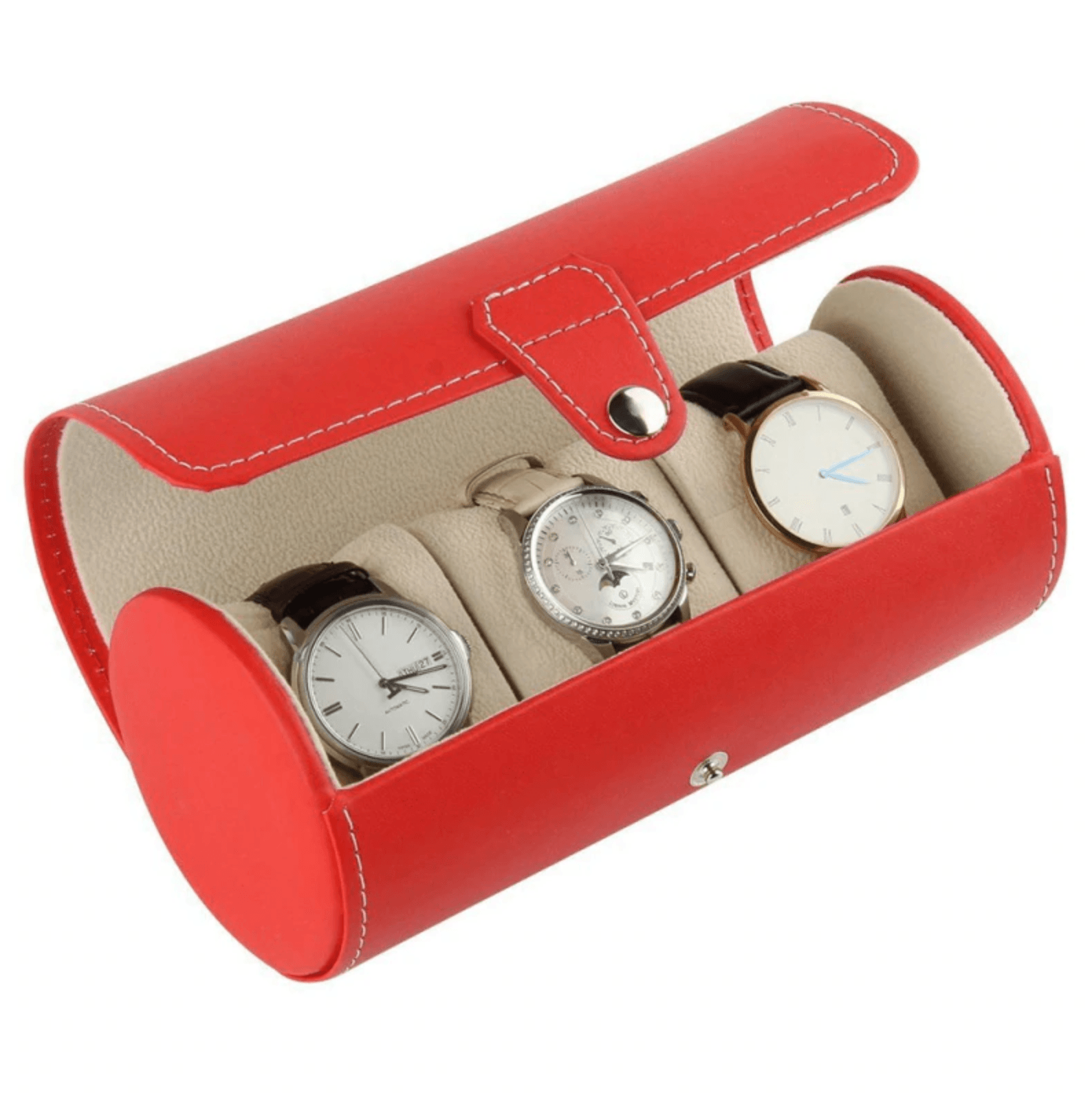 boite montre voyage cuir rouge arrondie 3 montres