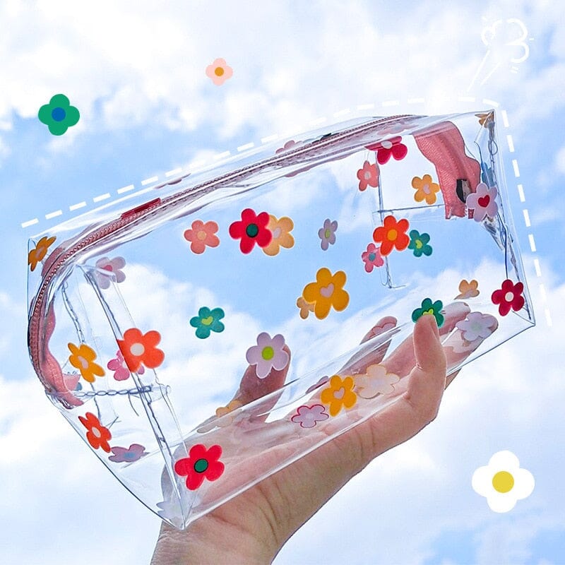 trousse toilette femme transparente fleurs maquillage
